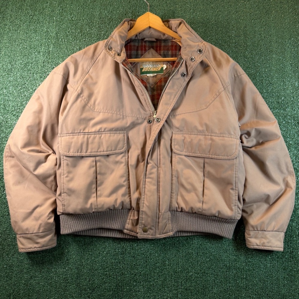 Weather Breaker Bomber Jacket Mens L Tan Good Vintage Plaid Lined Hooded Utility